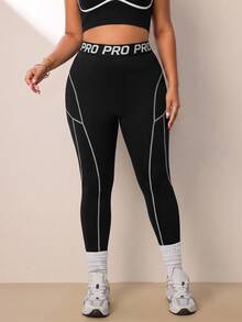 SHEIN Rhythm Era Spring/Summer Plus Size Women's Sports Leggings, Black Tight Waistband Patchwork Slogan High Elastic Rubber Band Color Block Line Split 9/10 Gym - Black - View 5