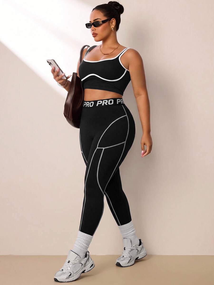 SHEIN Rhythm Era Spring/Summer Plus Size Women's Sports Leggings, Black Tight Waistband Patchwork Slogan High Elastic Rubber Band Color Block Line Split 9/10 Gym - Black - View 1