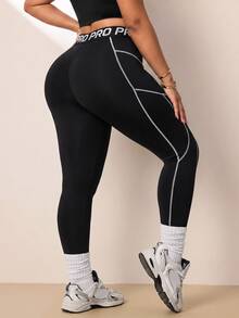 SHEIN Rhythm Era Spring/Summer Plus Size Women's Sports Leggings, Black Tight Waistband Patchwork Slogan High Elastic Rubber Band Color Block Line Split 9/10 Gym - Black - View 2