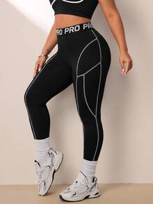SHEIN Rhythm Era Spring/Summer Plus Size Women's Sports Leggings, Black Tight Waistband Patchwork Slogan High Elastic Rubber Band Color Block Line Split 9/10 Gym - Black - View 7