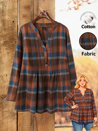 Rusticease Plus Size Women Plaid V-Neck Long Sleeve Casual Traditional Shirt Clothes Blouse Autumn Formal Vacation