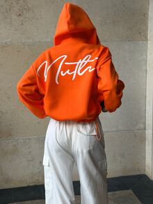 INAWLY Sweatshirt Wanita Warna Oranye Longgar Kasual dengan Resleting dan Bordir Huruf di Bagian Belakang - Jeruk - View 5