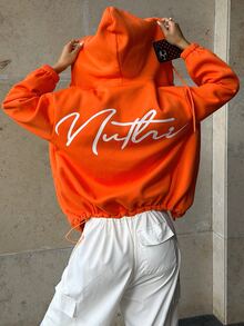 INAWLY Sweatshirt Wanita Warna Oranye Longgar Kasual dengan Resleting dan Bordir Huruf di Bagian Belakang - Jeruk - View 3