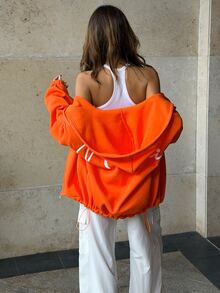 INAWLY Sweatshirt Wanita Warna Oranye Longgar Kasual dengan Resleting dan Bordir Huruf di Bagian Belakang - Jeruk - View 6