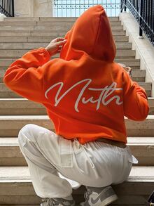 INAWLY Sweatshirt Wanita Warna Oranye Longgar Kasual dengan Resleting dan Bordir Huruf di Bagian Belakang - Jeruk - View 4