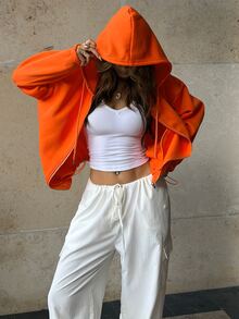 INAWLY Sweatshirt Wanita Warna Oranye Longgar Kasual dengan Resleting dan Bordir Huruf di Bagian Belakang - Jeruk - View 2
