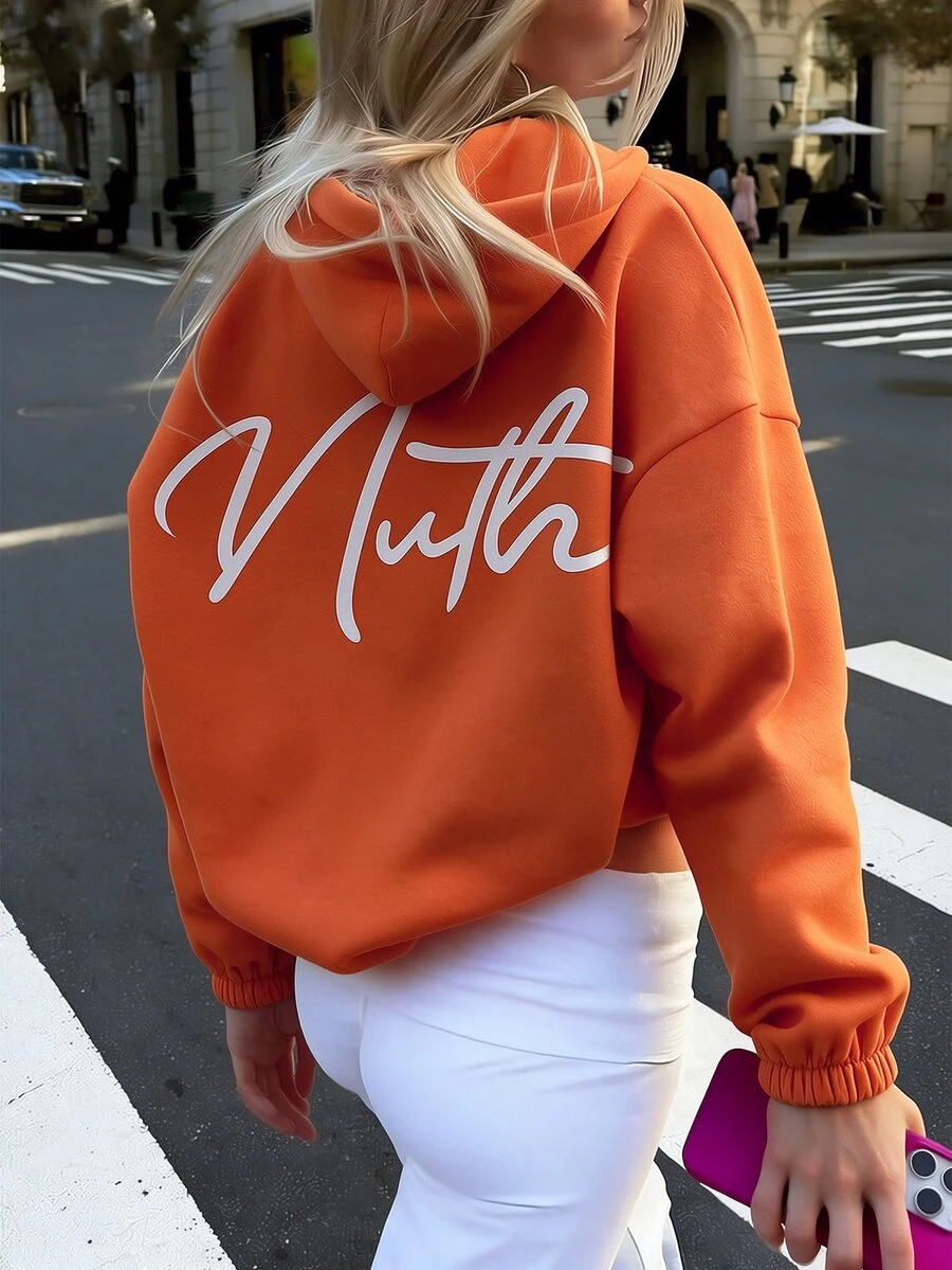 INAWLY Sweatshirt Wanita Warna Oranye Longgar Kasual dengan Resleting dan Bordir Huruf di Bagian Belakang - Jeruk - View 1