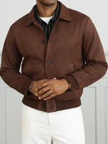 HUEFORM Jaket Suede Pendek Cokelat Gaya Klasik Pria, Desain Hem Bergaris Lebih Bergaya, Cocok untuk Kebutuhan Pakaian Bergaya bagi Pria - Coklat - View 7