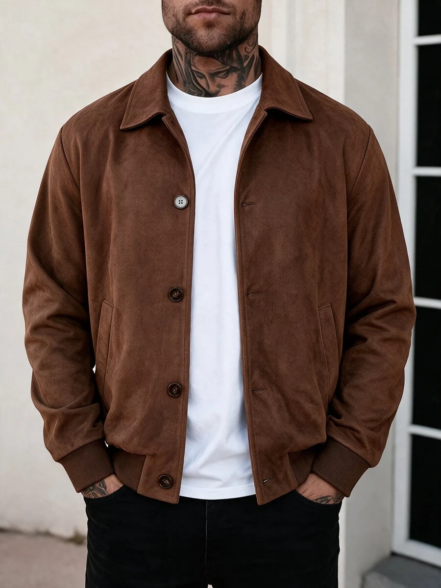 HUEFORM Jaket Suede Pendek Cokelat Gaya Klasik Pria, Desain Hem Bergaris Lebih Bergaya, Cocok untuk Kebutuhan Pakaian Bergaya bagi Pria - Coklat - View 1