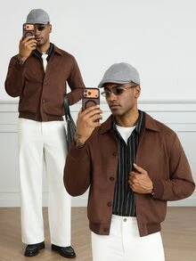HUEFORM Jaket Suede Pendek Cokelat Gaya Klasik Pria, Desain Hem Bergaris Lebih Bergaya, Cocok untuk Kebutuhan Pakaian Bergaya bagi Pria - Coklat - View 6