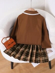 SHEIN 女童經典學院風西裝外套，飾邊領口配格紋百褶裙蝴蝶結套裝，秋季生日護理風，白色/棕色 - 彩色 - 查看 2