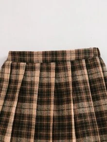 SHEIN 女童經典學院風西裝外套，飾邊領口配格紋百褶裙蝴蝶結套裝，秋季生日護理風，白色/棕色 - 彩色 - 查看 7