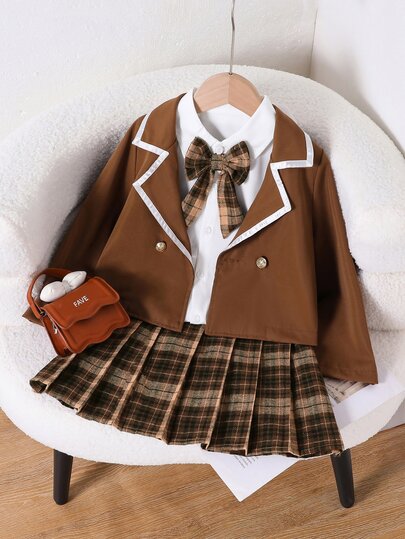 Souflis Souflis Setelan Blazer Klasik Gaya Akademi untuk Anak Perempuan dengan Kerah Berhias dan Rok Lipit Kotak-kotak dengan Pita, Cocok untuk Musim Gugur dan Musim Dingin, Ulang Tahun, dan Menyusui, Warna Putih Oranye.
