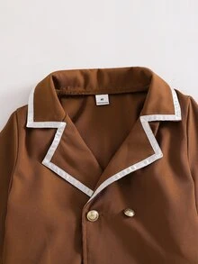 SHEIN 女童經典學院風西裝外套，飾邊領口配格紋百褶裙蝴蝶結套裝，秋季生日護理風，白色/棕色 - 彩色 - 查看 9