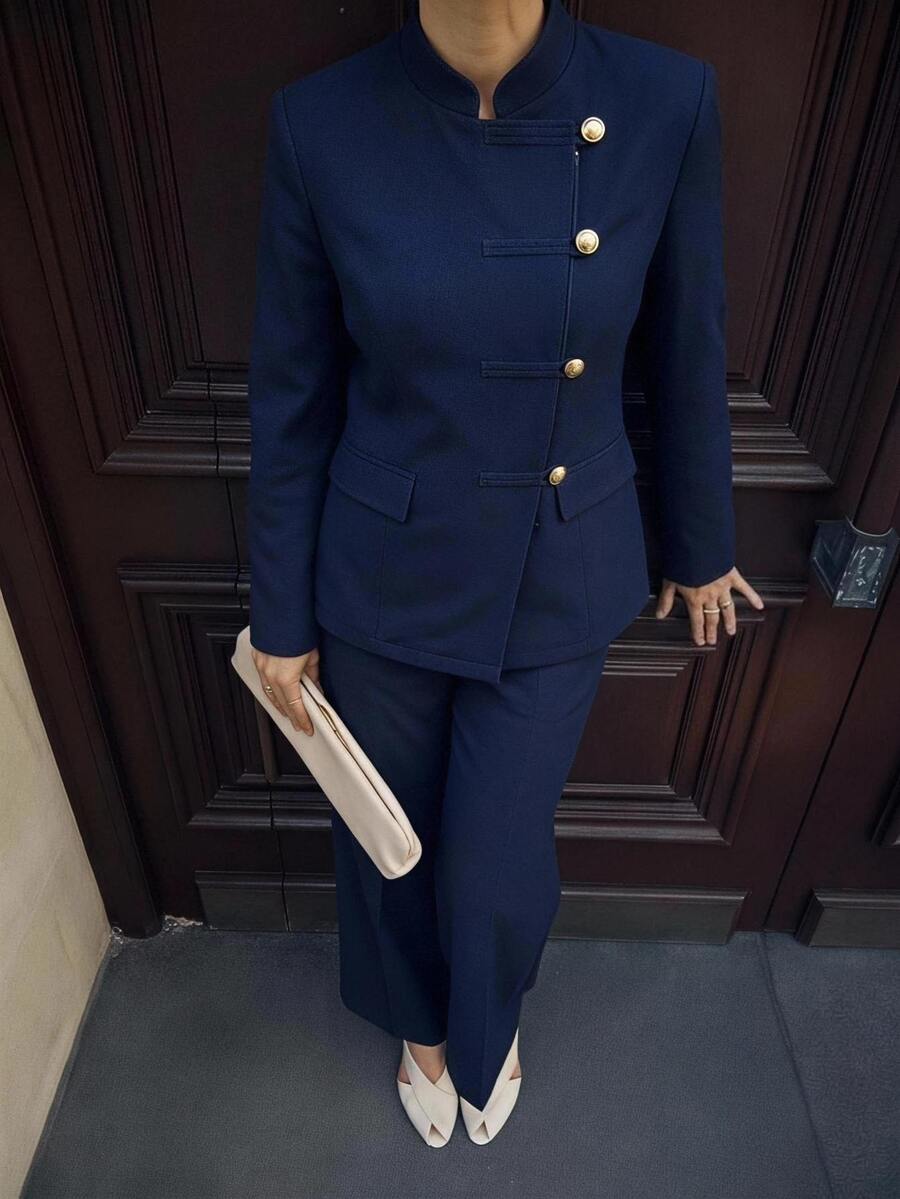 Aloruh 優雅休閒專業通勤拿破崙風西裝外套與直筒長褲兩件套,極簡純色海軍藍西裝,秋冬款 - 藏蓝色 - 查看 1