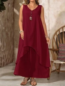EMERY ROSE Gaun Panjang 2-in-1 Tanpa Lengan Leher V Warna Burgundy untuk Liburan Musim Panas Wanita Ukuran Plus, Pakaian Santai untuk Tamu Pernikahan di Pantai, Pakaian Kasual untuk Liburan Musim Semi - Burgundy - View 6