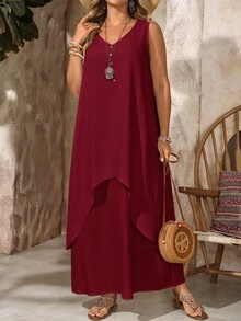 EMERY ROSE Gaun Panjang 2-in-1 Tanpa Lengan Leher V Warna Burgundy untuk Liburan Musim Panas Wanita Ukuran Plus, Pakaian Santai untuk Tamu Pernikahan di Pantai, Pakaian Kasual untuk Liburan Musim Semi - Burgundy - View 5