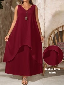 EMERY ROSE Gaun Panjang 2-in-1 Tanpa Lengan Leher V Warna Burgundy untuk Liburan Musim Panas Wanita Ukuran Plus, Pakaian Santai untuk Tamu Pernikahan di Pantai, Pakaian Kasual untuk Liburan Musim Semi - Burgundy - View 1