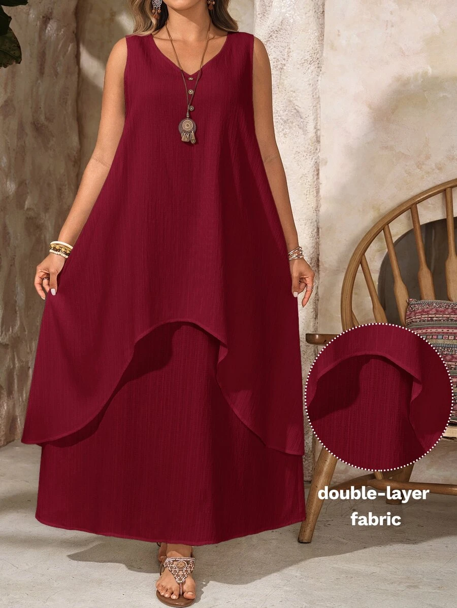 EMERY ROSE Gaun Panjang 2-in-1 Tanpa Lengan Leher V Warna Burgundy untuk Liburan Musim Panas Wanita Ukuran Plus, Pakaian Santai untuk Tamu Pernikahan di Pantai, Pakaian Kasual untuk Liburan Musim Semi - Burgundy - View 1