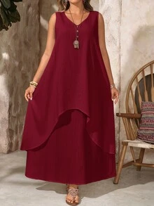 EMERY ROSE Gaun Panjang 2-in-1 Tanpa Lengan Leher V Warna Burgundy untuk Liburan Musim Panas Wanita Ukuran Plus, Pakaian Santai untuk Tamu Pernikahan di Pantai, Pakaian Kasual untuk Liburan Musim Semi - Burgundy - View 7