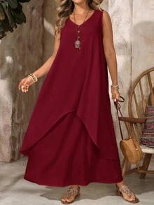 EMERY ROSE Gaun Panjang 2-in-1 Tanpa Lengan Leher V Warna Burgundy untuk Liburan Musim Panas Wanita Ukuran Plus, Pakaian Santai untuk Tamu Pernikahan di Pantai, Pakaian Kasual untuk Liburan Musim Semi - Burgundy - View 4