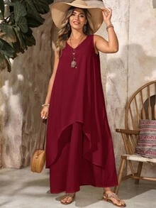 EMERY ROSE Gaun Panjang 2-in-1 Tanpa Lengan Leher V Warna Burgundy untuk Liburan Musim Panas Wanita Ukuran Plus, Pakaian Santai untuk Tamu Pernikahan di Pantai, Pakaian Kasual untuk Liburan Musim Semi - Burgundy - View 3