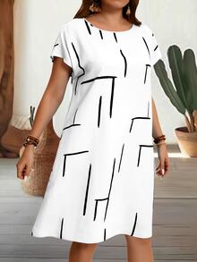 EMERY ROSE Plus Size Crew Neck Short Sleeve Printed Casual Boho Mini Dress, For Summer Formal Wedding Guest Black And White - White - View 3