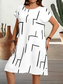 EMERY ROSE Plus Size Crew Neck Short Sleeve Printed Casual Boho Mini Dress, For Summer Formal Wedding Guest Black And White - White - View 4
