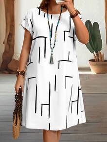 EMERY ROSE Plus Size Crew Neck Short Sleeve Printed Casual Boho Mini Dress, For Summer Formal Wedding Guest Black And White - White - View 5