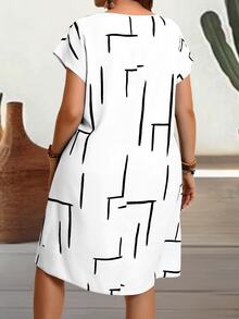 EMERY ROSE Plus Size Crew Neck Short Sleeve Printed Casual Boho Mini Dress, For Summer Formal Wedding Guest Black And White - White - View 2