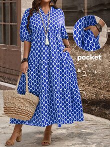 EMERY ROSE Plus Size V-Neck Short Sleeve Allover Print Ruffle Hem Elegant Midi Dress, For Summer,Beach Dress Sundress,Holiday Outfits Boho - Blue - View 1