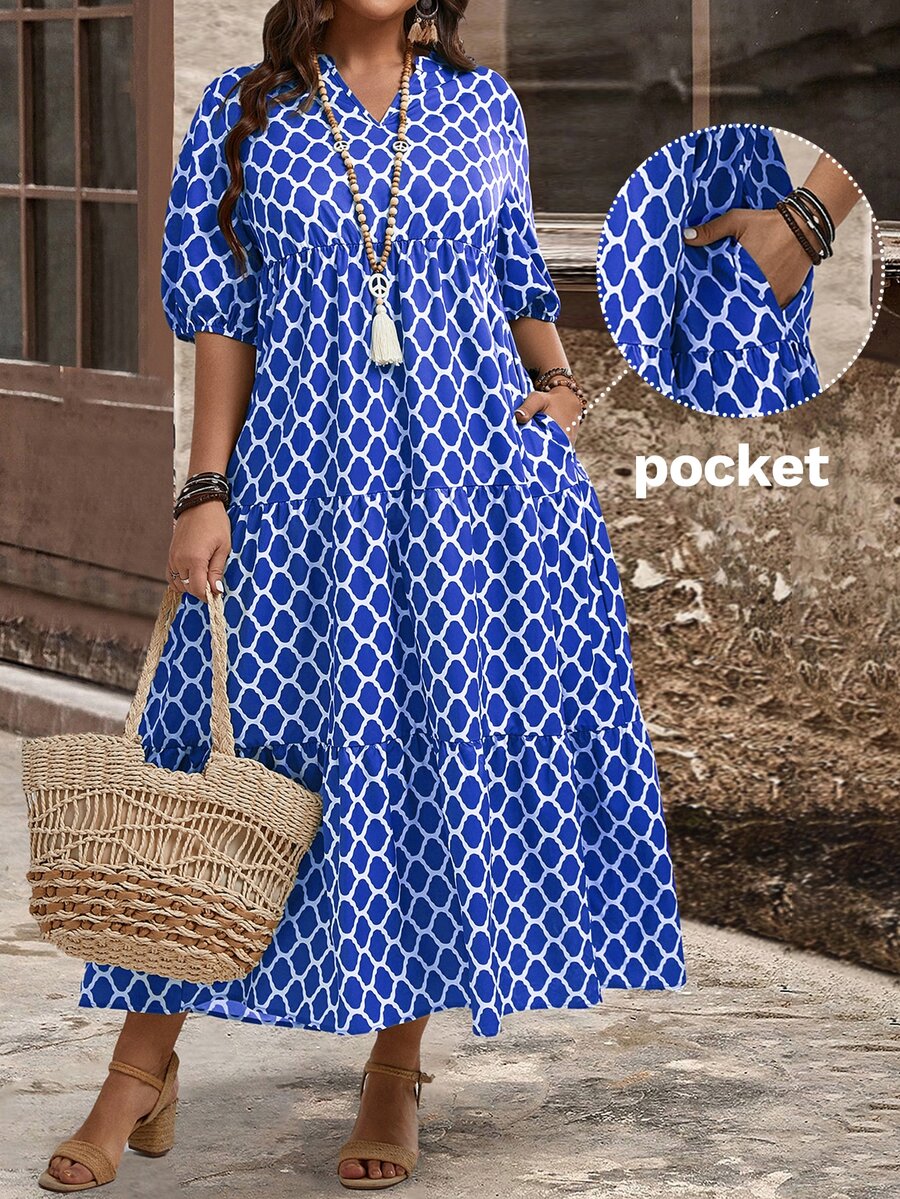 EMERY ROSE Plus Size V-Neck Short Sleeve Allover Print Ruffle Hem Elegant Midi Dress, For Summer,Beach Dress Sundress,Holiday Outfits Boho - Blue - View 1