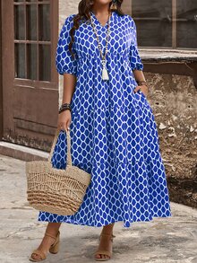 EMERY ROSE Plus Size V-Neck Short Sleeve Allover Print Ruffle Hem Elegant Midi Dress, For Summer,Beach Dress Sundress,Holiday Outfits Boho - Blue - View 6