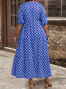 EMERY ROSE Plus Size V-Neck Short Sleeve Allover Print Ruffle Hem Elegant Midi Dress, For Summer,Beach Dress Sundress,Holiday Outfits Boho - Blue - View 2