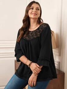 Rosumi ملابس علوية فضفاضة أنيقة للنساء بمقاسات كبيرة، بأسلوب عطلة، بلون موحد مع تباين الدانتيل، أكمام فانوس، مناسبة للربيع/الصيف/الخريف، بلون أسود، كاجوال للبرانش - الأسود - مشاهدة 2