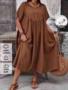 EMERY ROSE Women's Plus Size Chocolate Brown Batwing Sleeve Dress, Boho Traditional Vacation Holiday Style, Autumn Summer Casual Solid Color Outfits Formal - Brown - View 9