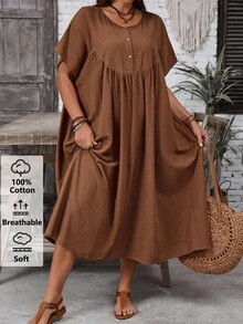 EMERY ROSE Women's Plus Size Chocolate Brown Batwing Sleeve Dress, Boho Traditional Vacation Holiday Style, Autumn Summer Casual Solid Color Outfits Formal - Brown - View 8