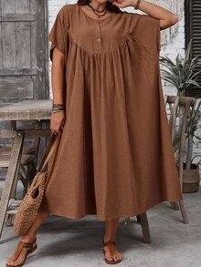 EMERY ROSE Women's Plus Size Chocolate Brown Batwing Sleeve Dress, Boho Traditional Vacation Holiday Style, Autumn Summer Casual Solid Color Outfits Formal - Brown - View 4