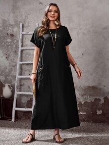 EMERY ROSE Plus Size Women's Black Boho Summer Autumn Casual Vacation Round Neck Short Sleeve Pocket Loose Flowy Long Dress,Simple Fashionable Holiday Formal - Black - View 4