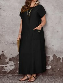 EMERY ROSE Plus Size Women's Black Boho Summer Autumn Casual Vacation Round Neck Short Sleeve Pocket Loose Flowy Long Dress,Simple Fashionable Holiday Formal - Black - View 7