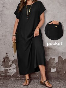 EMERY ROSE Plus Size Women's Black Boho Summer Autumn Casual Vacation Round Neck Short Sleeve Pocket Loose Flowy Long Dress,Simple Fashionable Holiday Formal - Black - View 1