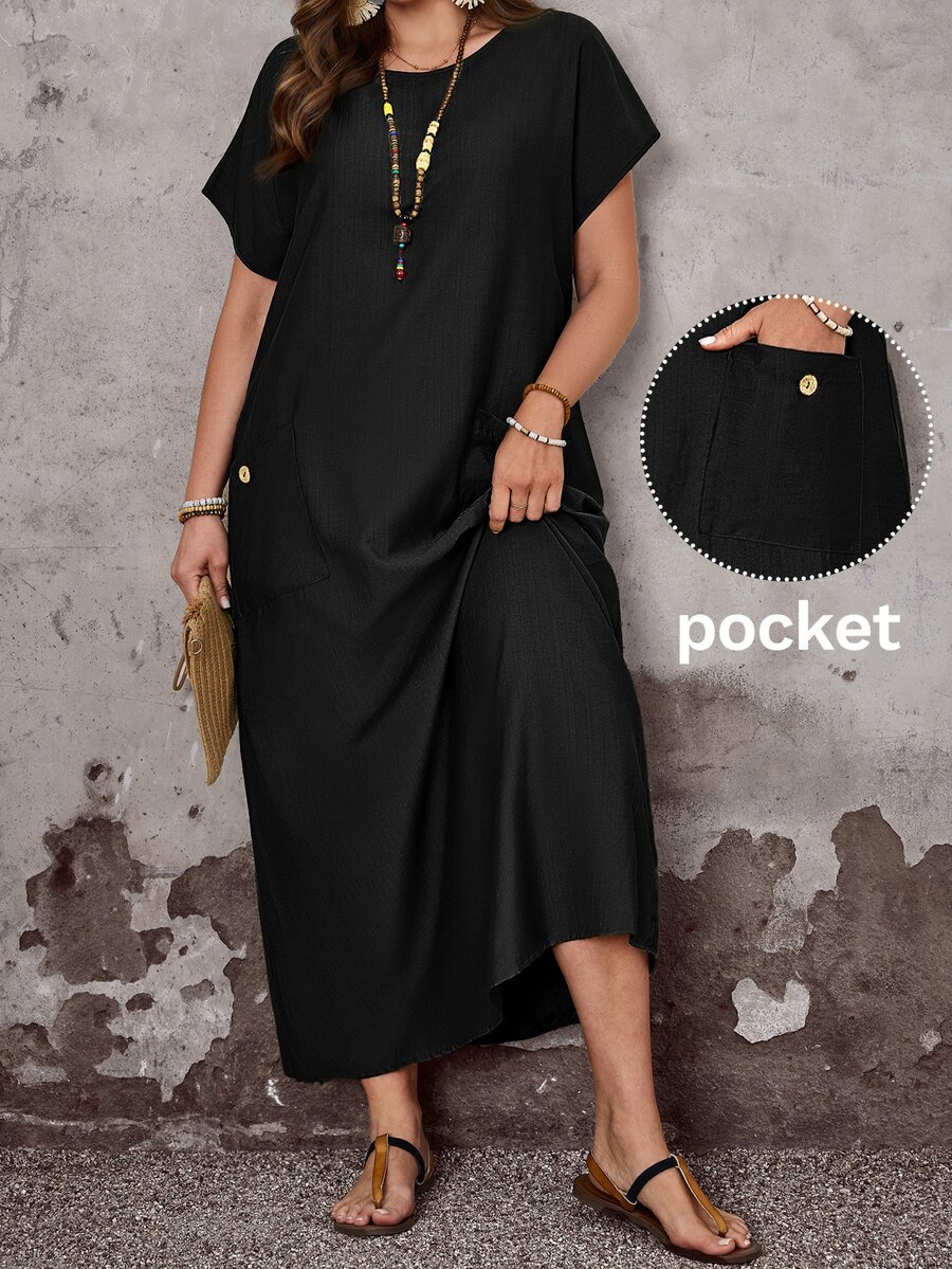 EMERY ROSE Plus Size Women's Black Boho Summer Autumn Casual Vacation Round Neck Short Sleeve Pocket Loose Flowy Long Dress,Simple Fashionable Holiday Formal - Black - View 1
