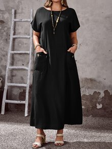 EMERY ROSE Plus Size Women's Black Boho Summer Autumn Casual Vacation Round Neck Short Sleeve Pocket Loose Flowy Long Dress,Simple Fashionable Holiday Formal - Black - View 3