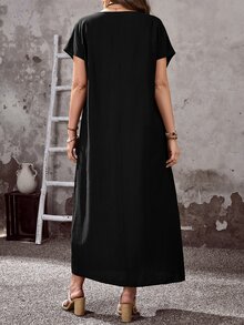 EMERY ROSE Plus Size Women's Black Boho Summer Autumn Casual Vacation Round Neck Short Sleeve Pocket Loose Flowy Long Dress,Simple Fashionable Holiday Formal - Black - View 2
