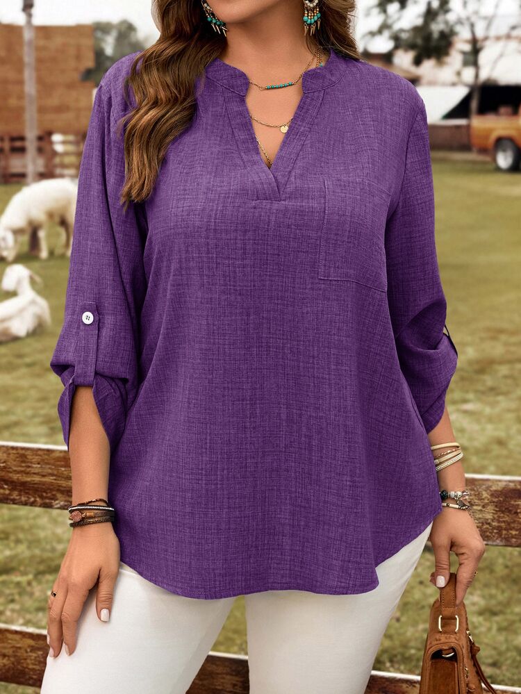 BrightlyHer Plus Size Women Solid V-Neck Roll Sleeve Blouse, Western Anti Social Baggy Casual Elegant 90s Wear Autumn Office Brunch Formal Dark Purple - Purple - View 5