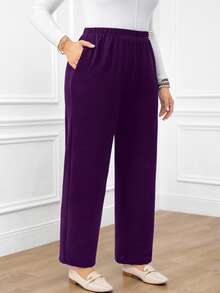 EMERY ROSE Plus Size Women's Casual Traditional Baggy Daily Dark Purple Long Pants With Pockets Formal Home Wear Evening Autumn - Purple - View 4