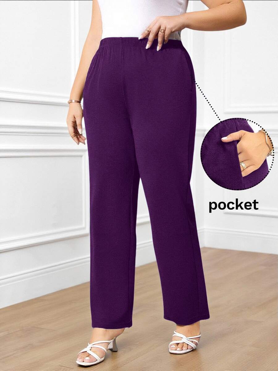 EMERY ROSE Plus Size Women's Casual Traditional Baggy Daily Dark Purple Long Pants With Pockets Formal Home Wear Evening Autumn - Purple - View 1