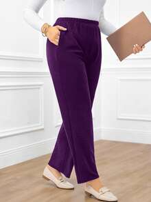 EMERY ROSE Plus Size Women's Casual Traditional Baggy Daily Dark Purple Long Pants With Pockets Formal Home Wear Evening Autumn - Purple - View 5