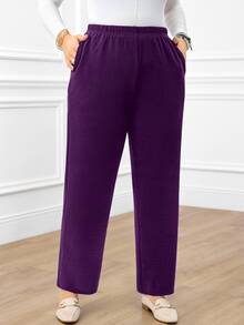 EMERY ROSE Plus Size Women's Casual Traditional Baggy Daily Dark Purple Long Pants With Pockets Formal Home Wear Evening Autumn - Purple - View 3