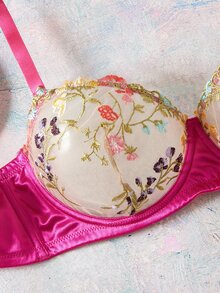 Elorette Bra Push-Up Berkawat Warna Merah Mawar dengan Bordir Motif Bunga, Romantis dan Elegan Ukuran Plus - Hot Pink - View 3